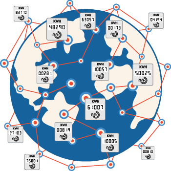 Illustration of a globe and smart meters connected globally by NR+ based Wirepas Mesh AMI and grid edge connectivity