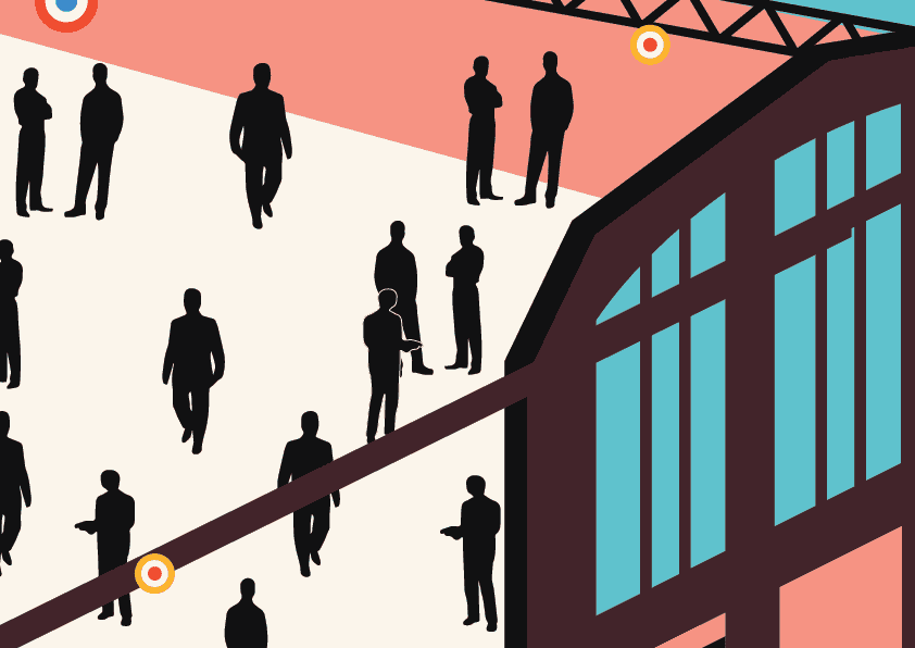 Illustration of people strolling around in a building that's equipped with smart people counting sensors.