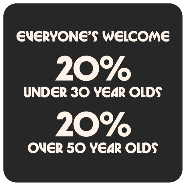 Black box with white text saying "Everyone's welcome, 20% under 30 year olds, 20% over 50 year olds"