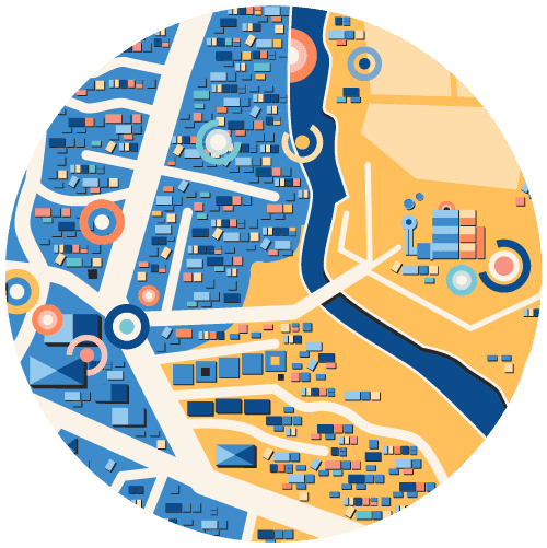 Illustration of a dense Indian city and rural environment next to each other, showcasing how the Wirepas RF mesh works in even the most challenging environments like India