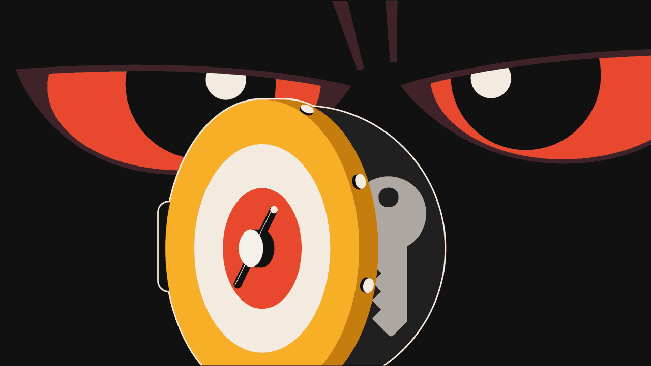 Illustration of a vault that represents a secure key storage, and red evil eyes behind the vault