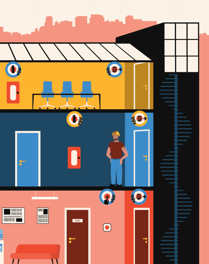 Illustration of a building with smart emergency lighting.