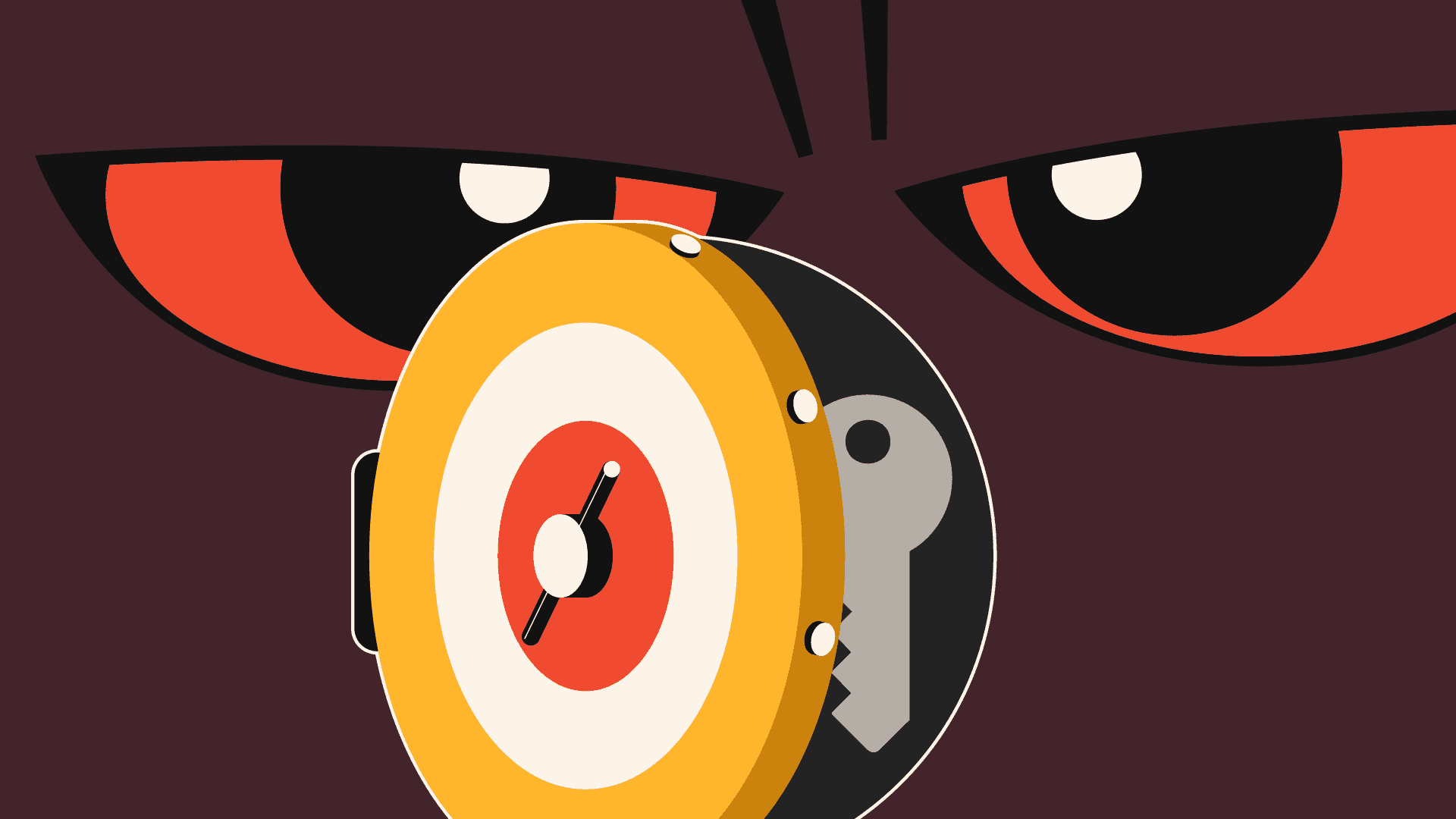 Illustration of a vault that represents a secure key storage, and red evil eyes behind the vault