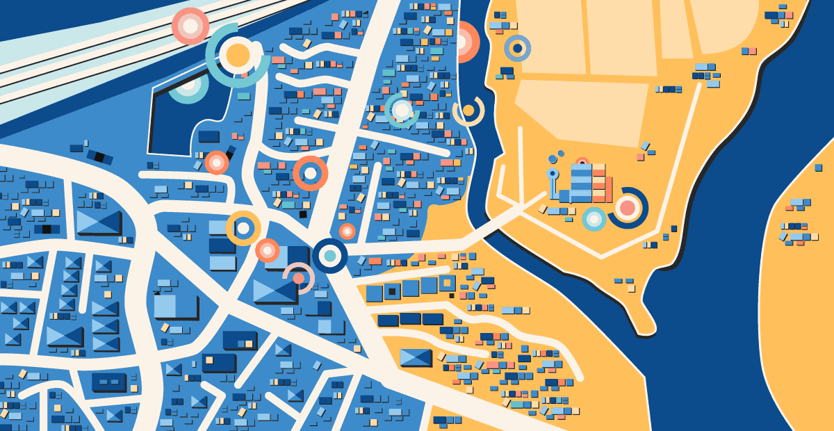 Illustration of a dance Indian city and rural environment next to each other, showcasing how the Wirepas RF mesh works in even the most challenging environments like India