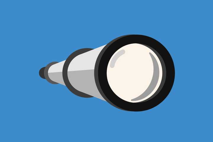 Illustration of a grey telescope in a blue background.