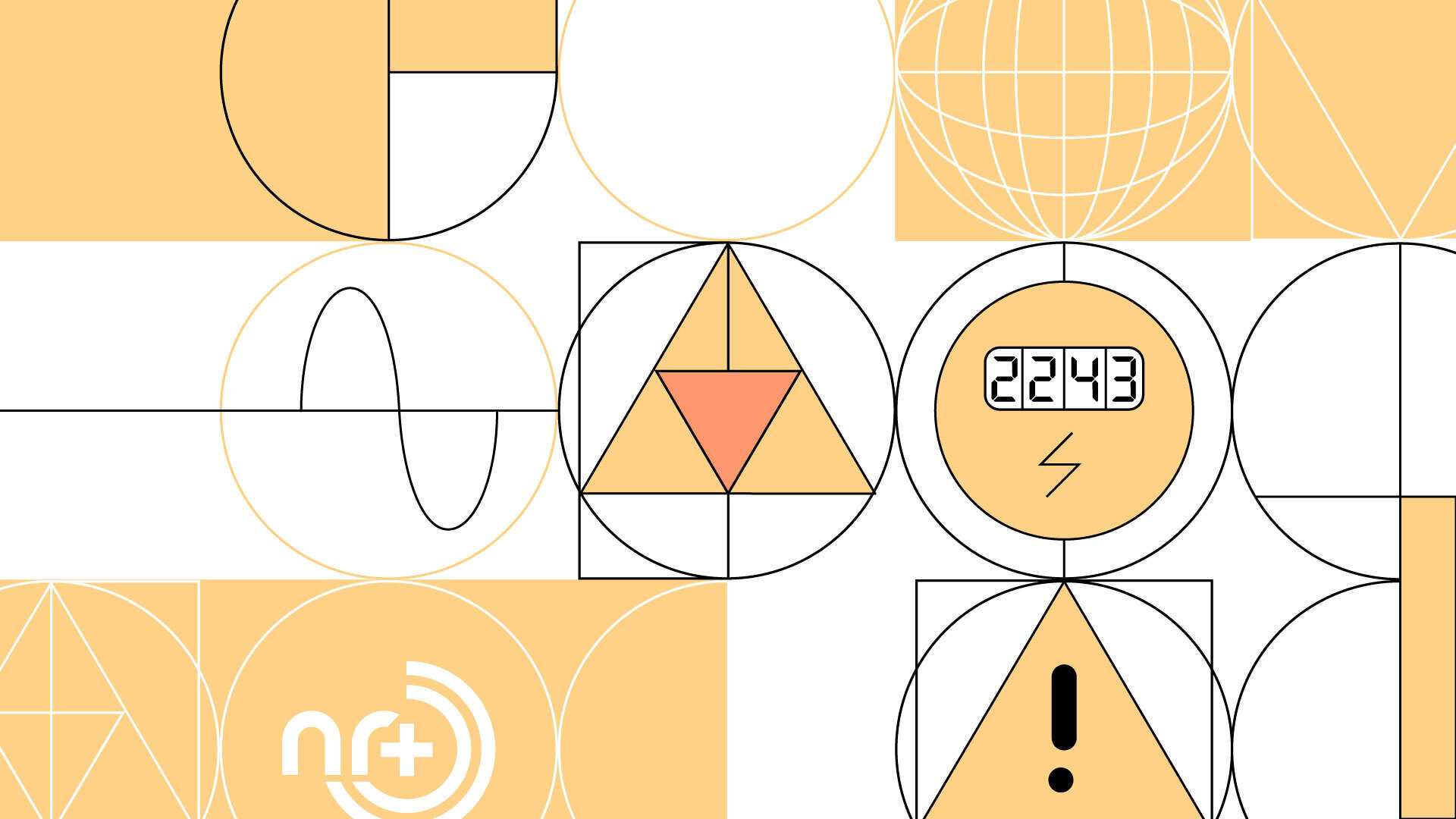 Illustration of yellow and white circles, triangles and squares, as well as NR+ logo with a smart meter, representing a smart meter connectivity