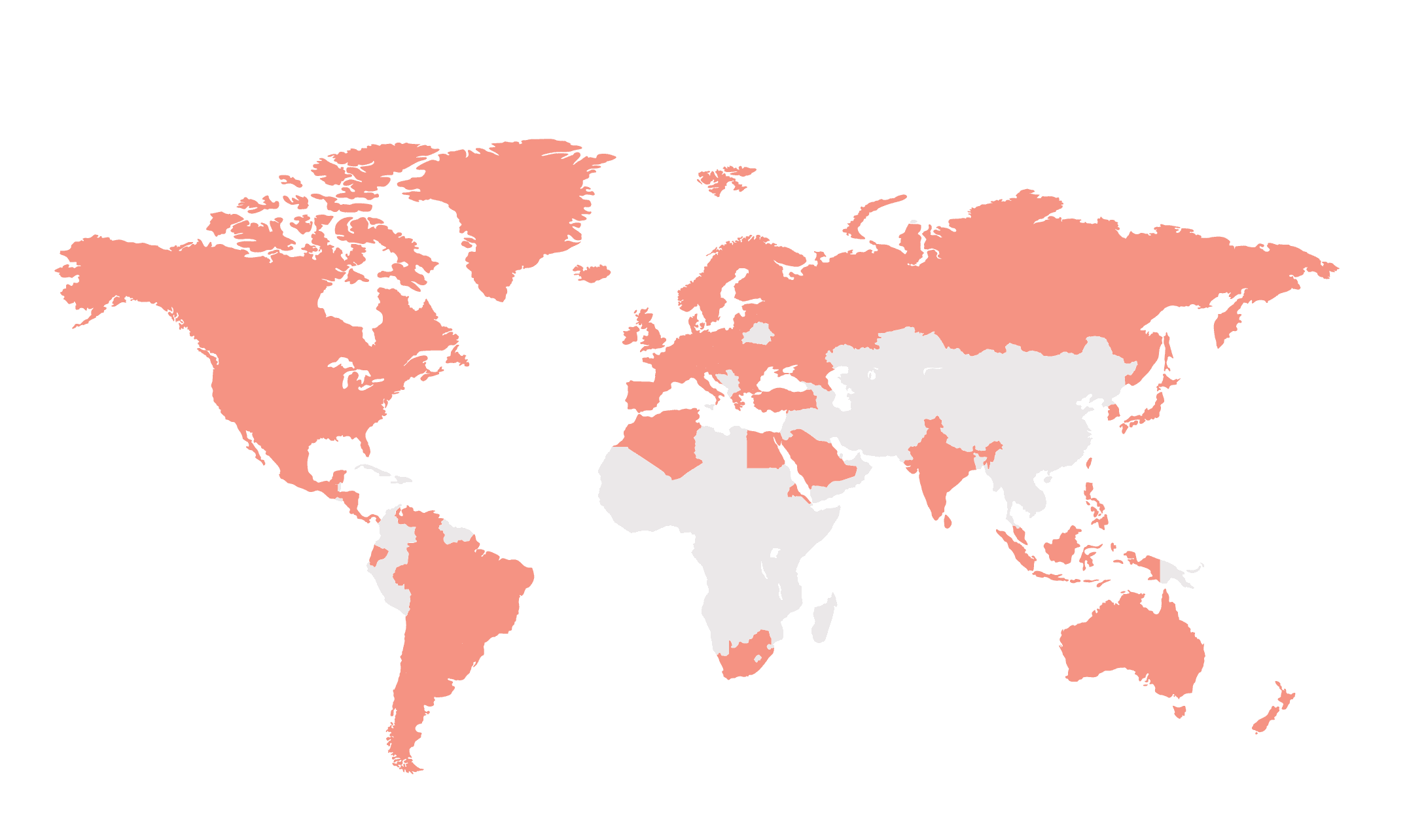 Illustration of the world map, where the countries that support NR+ frequency are colored in pink