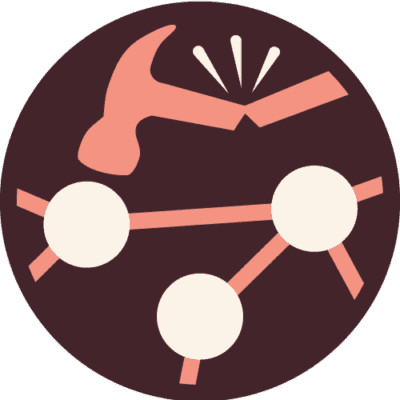 Illustration of a mesh network that a hammer is trying to break, but unable to due to robust network security features