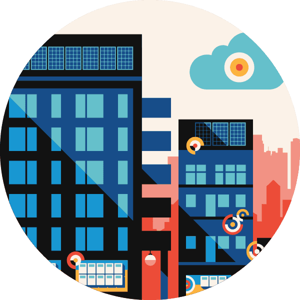 Illustration of tall buildings with smart electricity metering sensors